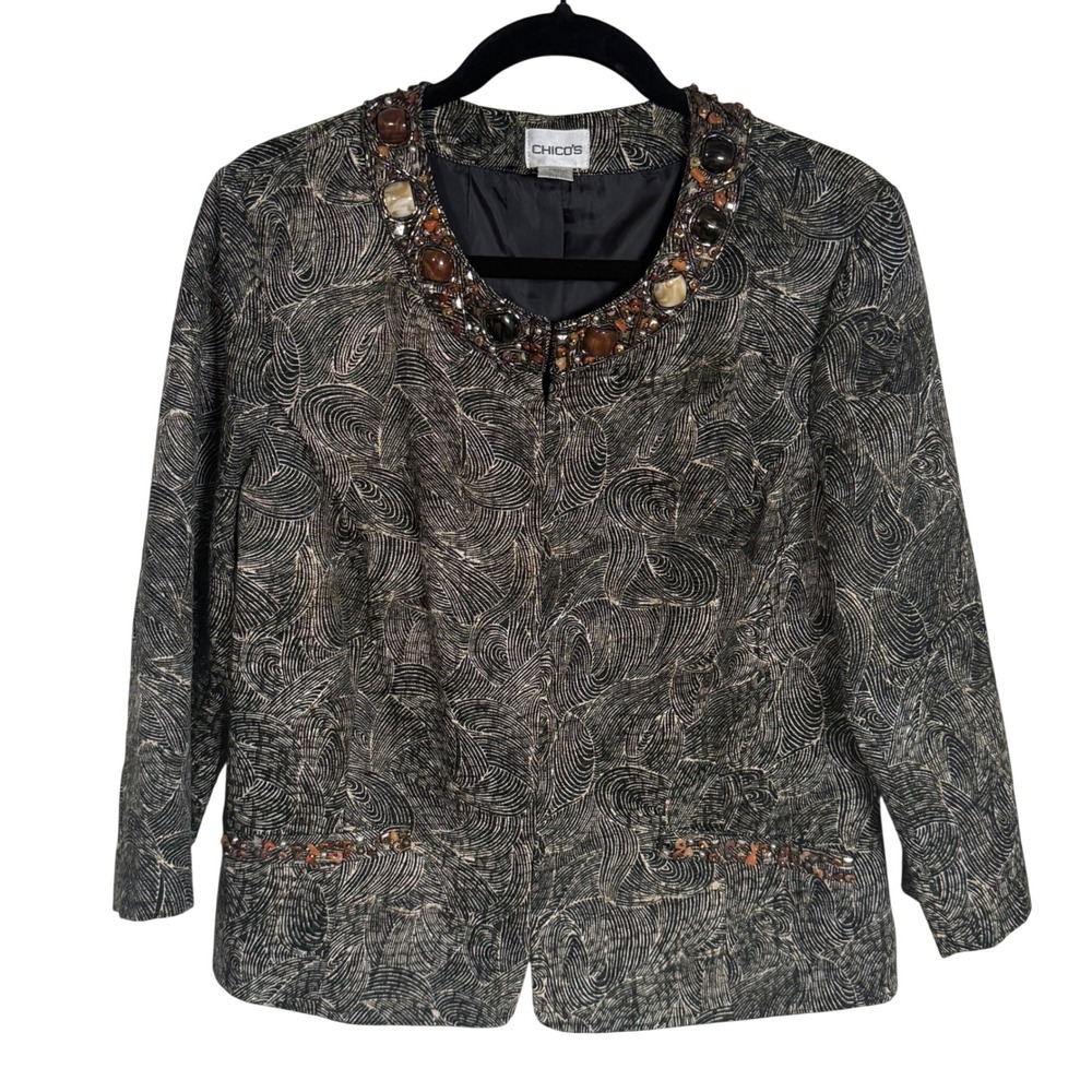 Chico's Silk Blend Beaded Faux Gemstone Collar Statement Jacket Sz 1 M 8/10